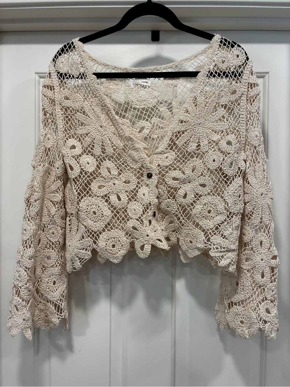 Crochet Floral Openwork Button-Front Top - Cream